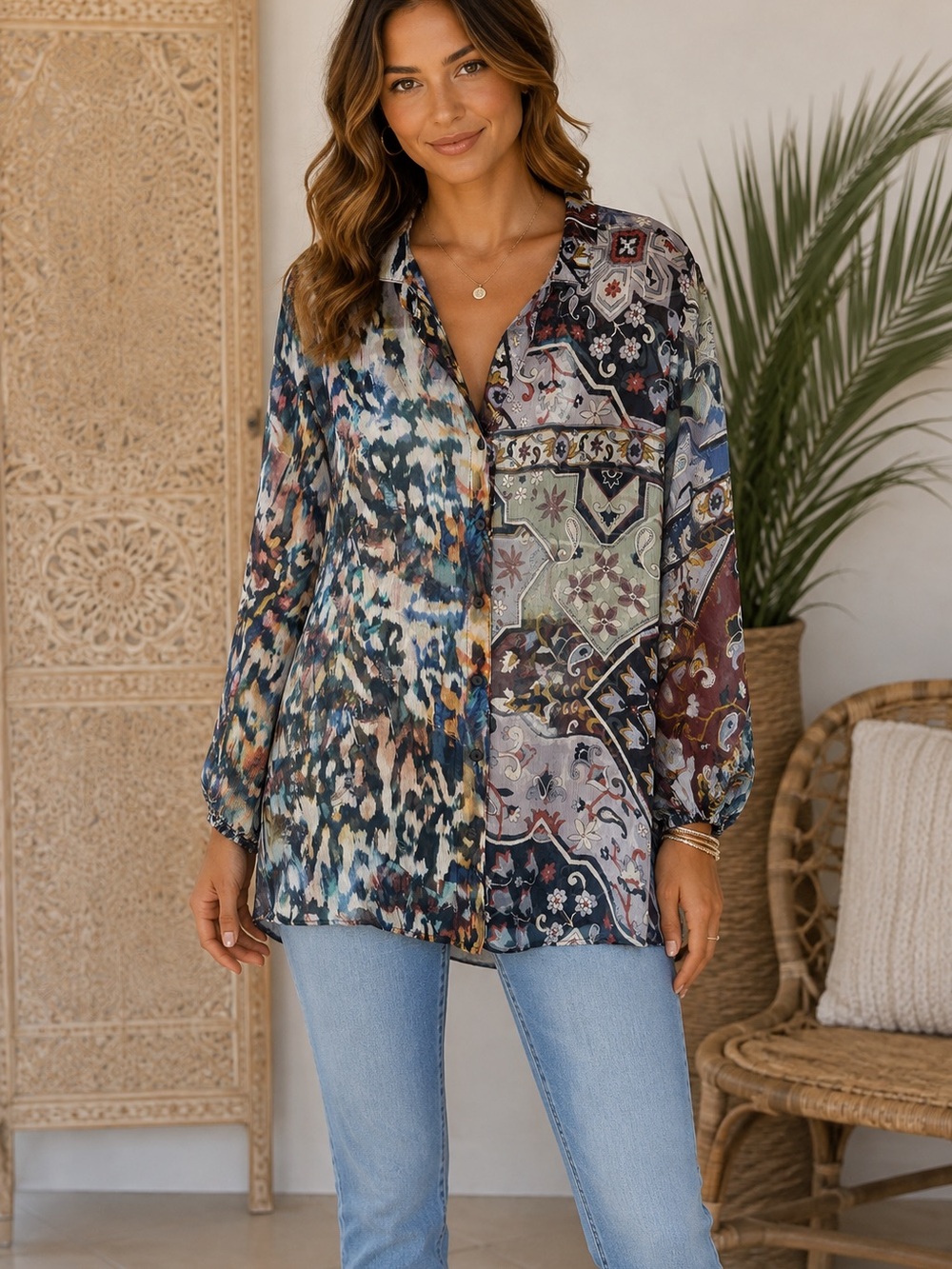 Johnny Was Jade Silk Patchwork Print Button Front Tunic Blouse Womenās S